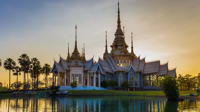 Timelapse of Wat Non Kum or Wat Luang Pho To in Sikhio District, Nakhon Ratchasima, Korat, Thailand is a symbolic place of temples in Thailand. At sunset, there is a reflection in the water.
