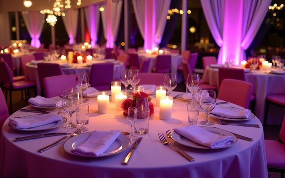 Pink and Purple Christmas Decor with candles and lamps for a large party or Gala Dinner. High quality