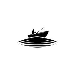 Silhouette of Fishing Boat on Lake – Minimal Water, Nature, Travel, and Outdoor Recreation Vector Illustration