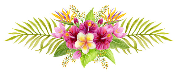 Tropical bouquet. Floral ornament. Watercolor painting with Hibiscus flowers and palm leaves. Tropic floral summer composition.