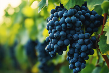 Ripe vineyard grapes with blurred vines