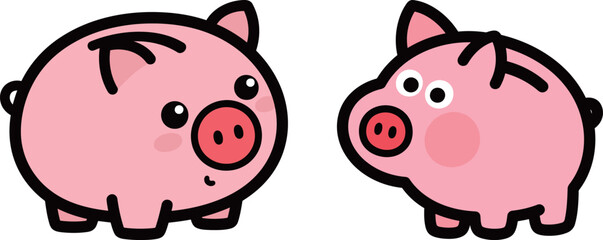 Cute vector illustrations of two pink piggy banks with simple outlines, a fun design for finance, savings, and money concepts.