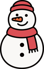 A charming cartoon illustration of a cheerful snowman wearing a red scarf and hat, with a carrot nose and three buttons.