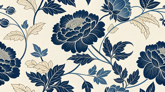 Blue and beige floral pattern with intricate blooming flowers and leaves
