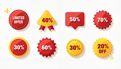 Colorful discount badges with various percentages
