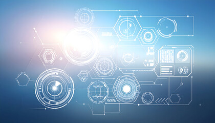 Abstract Futuristic Technology Interface Design with White Lines and Shapes on Blue Gradient Background