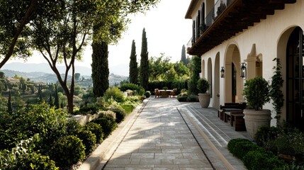 Fototapeta premium Outdoor patio, walkway, and villa with mountain view