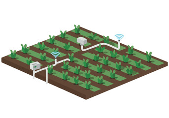A stylized illustration depicts a smart field with automated irrigation. Wireless sensors monitor crops, showcasing efficient agriculture. Modern, clean design.
