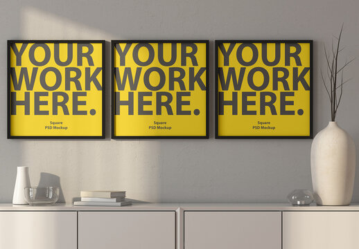 Three Square poster Art Frames Mockup hanging on wall