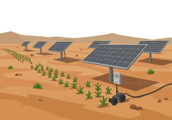 Sustainable dry farm showcases solar panels powering an irrigation system for drought-resistant crops in a desert landscape. A modern, eco-friendly solution for arid regions.