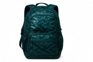 Teal camouflage backpack lying on transparent surface, highlighting modern design for academic and travel purposes