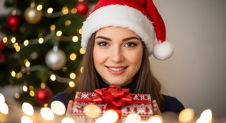 Christmas gift woman santa hat holiday present merry xmas celebration festive season winter joy happy girl
