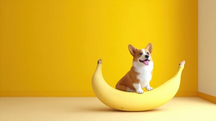 Obraz premium Adorable corgi dog sitting on a giant yellow banana in a minimalist room