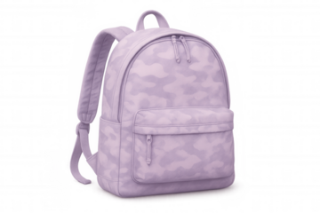 Purple camouflage pattern backpack with zippered front pocket, isolated on transparent background, ready for customization