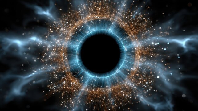 Cosmic Wormhole Vortex with Blue and Gold Energy Particles Around Black Center