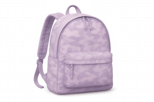Purple camouflage pattern backpack with zippered front pocket, isolated on transparent background, ready for customization