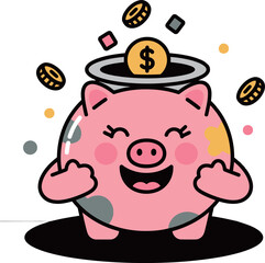 A happy cartoon piggy bank character with a dollar coin falling in, representing saving money, finance, investment, and wealth.