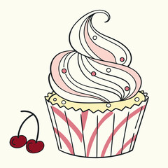 Cupcake with Cream and Cherry Vector Illustration