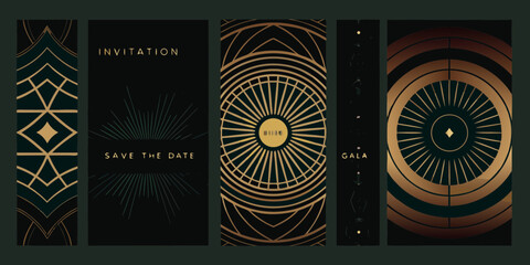 Elegant art deco invitation designs with gold geometric patterns on a dark background