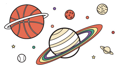 Playful space illustration featuring planets, basketballs, and a baseball in a colorful cosmos.