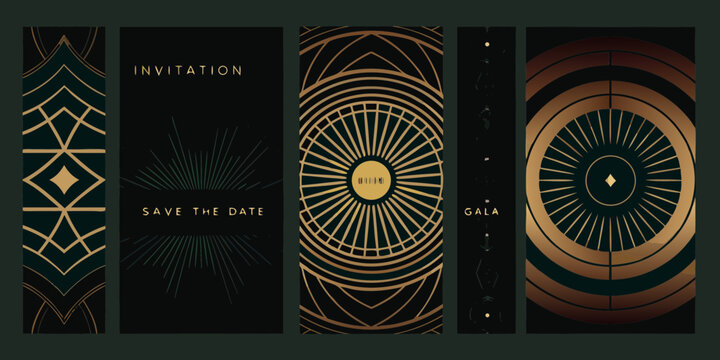 Elegant art deco invitation designs with gold geometric patterns on a dark background