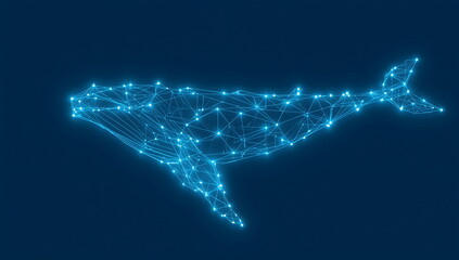 Creative surreal image of a whale made from a glowing blue digital plexus network