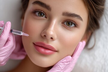 a beautiful woman is lying on a bed, getting her face filled with lip fillers during an aesthetic treatment.