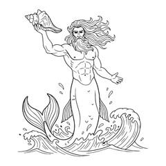Celestial Triton Line Art – Triton Vector Outline Drawing with Refined Mythical Details – Triton Drawing – Vector of Triton – Triton Outline – Greek God Lineart