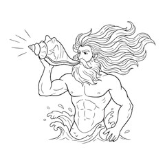 Mythical Sea God Triton Line Art – Triton Vector Outline Drawing with Flowing Divine Form – Triton Drawing – Vector of Triton – Triton Outline – Greek God Lineart