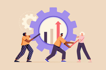 Teamwork and collaboration driving business growth and success with a rising graph inside a gear