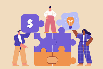 Diverse team collaborates to assemble puzzle pieces representing financial success and innovative ideas