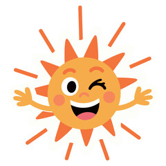 A cheerful cartoon illustration of a smiling sun character with a winking eye and open arms, representing happiness, warmth, and sunny weather.