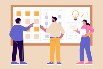 Diverse team collaborating on a project plan using a kanban board and sticky notes