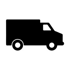 Simple black silhouette illustration of a delivery van with two wheels