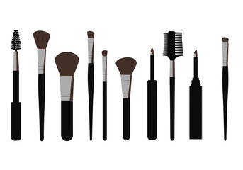 An array of makeup brushes with varying sizes and brush types all neatly aligned on a blank background