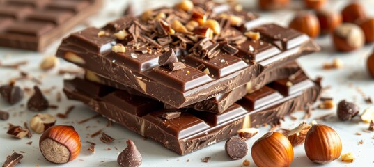 Elegant display of milk chocolate bars, hazelnuts, and shavings on a white background