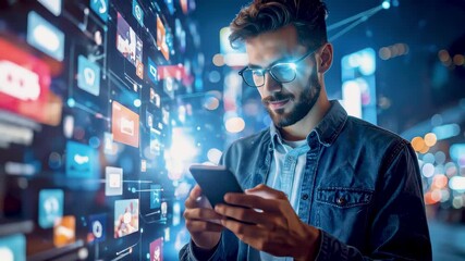Caucasian man using smartphone in metaverse with digital interface of social media, e-commerce, gaming, and internet application. Futuristic web network visualization with technology and connectivity. - Powered by Adobe