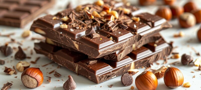 Elegant display of milk chocolate bars, hazelnuts, and shavings on a white background