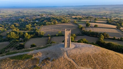 Aerial view of Glastonbury Tor and St Michael's Tower.