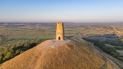 Aerial view of Glastonbury Tor and St. Michael's Tower.