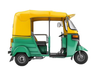 Vibrant Green and Yellow Auto Rickshaw isolated on a transparent background