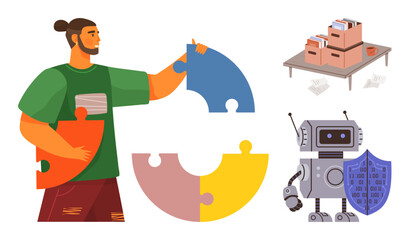 Man connecting puzzle pieces, robot holding shield, and stacked file boxes on table with paperwork. Ideal for collaboration, data security, organization, problem-solving, teamwork, innovation