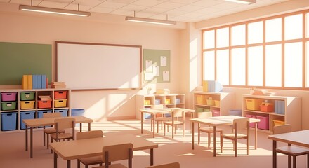 Sunlit classroom with empty desks, colorful storage bins, and a whiteboard, creating a serene learning environment