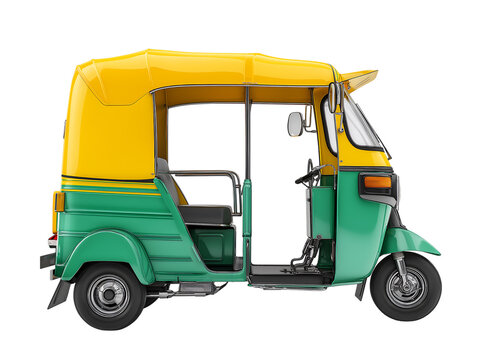 Vibrant Green and Yellow Auto Rickshaw isolated on a transparent background