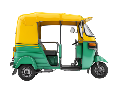 Vibrant Green and Yellow Auto Rickshaw isolated on a transparent background