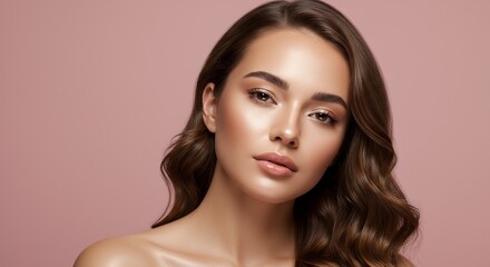Fototapeta premium A young woman with brown wavy hair and makeup