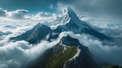 Majestic mountain peaks rising above a sea of clouds in the alps