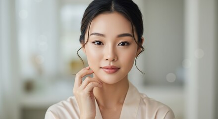 A young woman with dark hair pulled back wearing a satin robe touches her chin