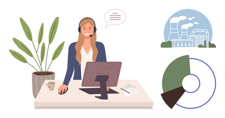 A female support agent wearing a headset at a desk with a desktop computer, a potted plant, a coffee mug, and paper. Includes a pie chart and energy-related industrial facilities. Ideal for customer