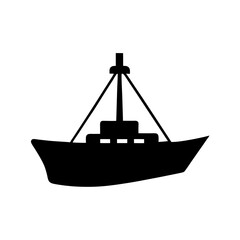 Simple black silhouette illustration of a fishing trawler ship on white